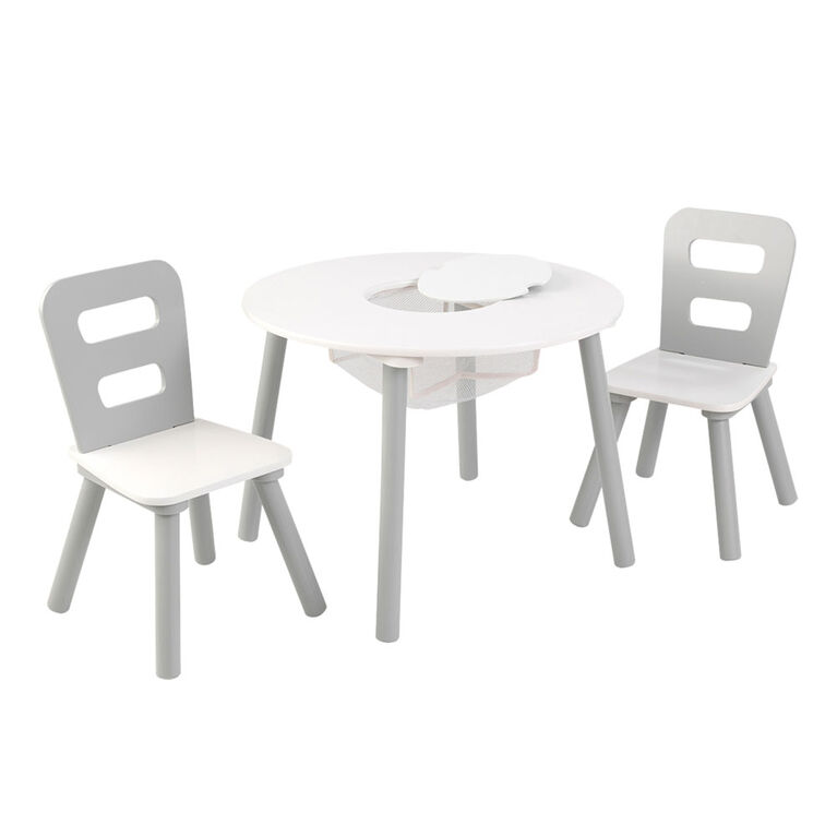 Ensemble table ronde avec rangement + 2 chaises - Gris et blanc