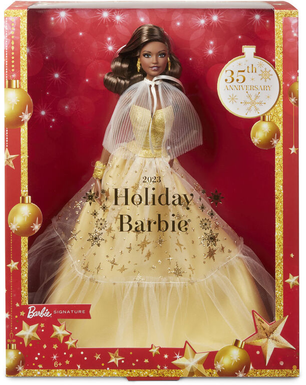 Barbie - Poupée Joyeux Noël 2023, robe dorée