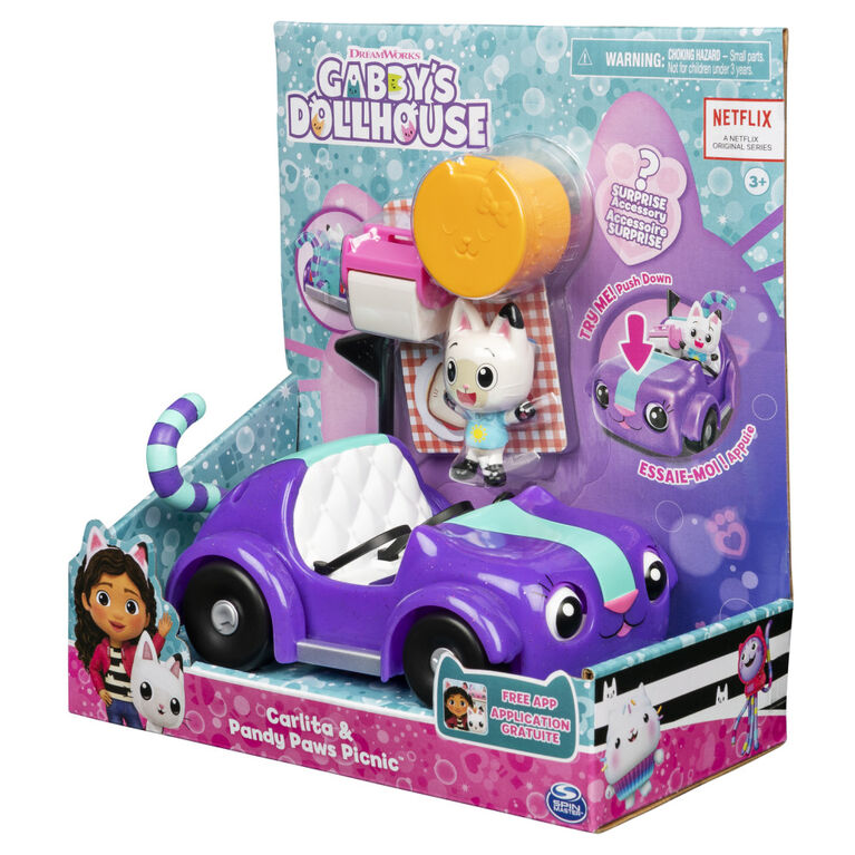 Gabby's Dollhouse, Carlita Toy Car with Pandy Paws Collectible Figure and 2 Accessories