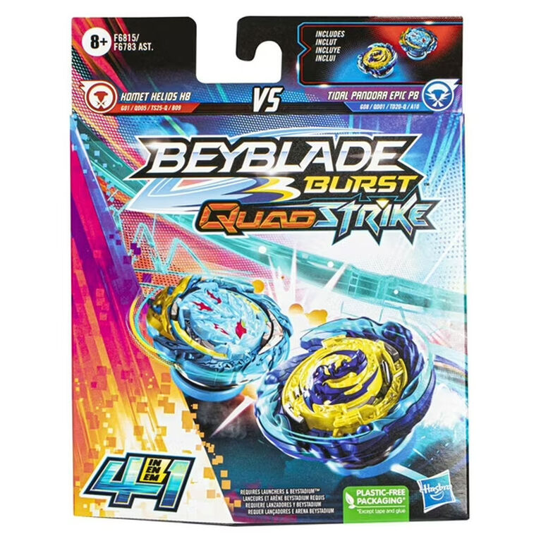 Beyblade Burst QuadStrike Komet Helios H8 and Tidal Pandora Epic P8 Spinning Top Dual Pack, Battling Game Top Toy