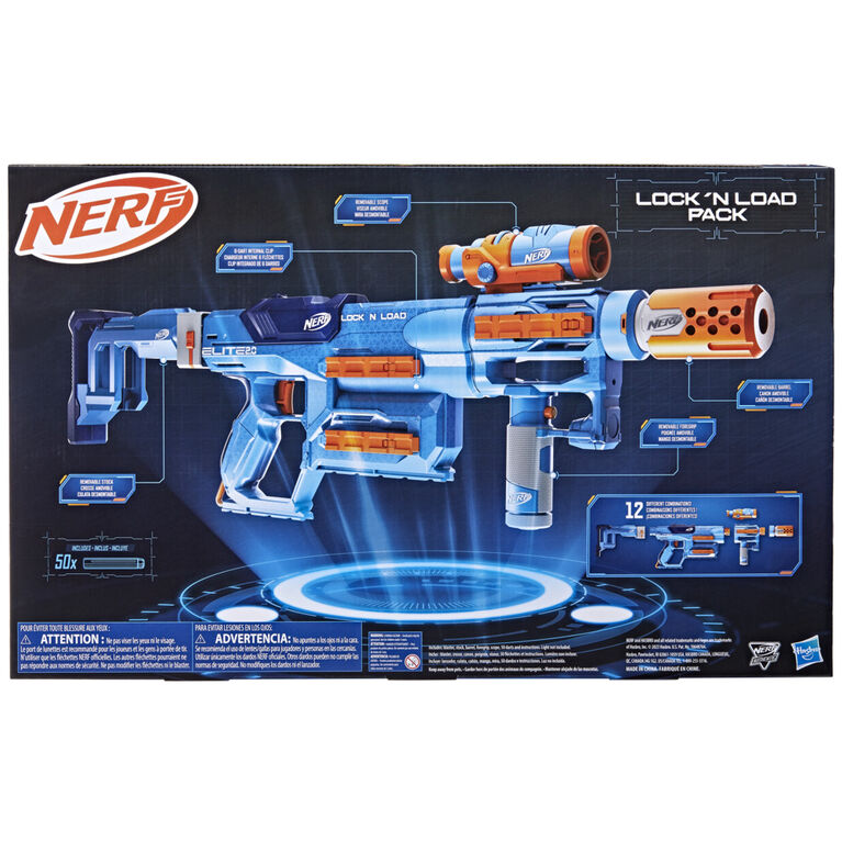 Nerf Elite 2.0, pack Lock N Load, blaster, 30 fléchettes Nerf Elite,  crosse, canon, poignée, viseur