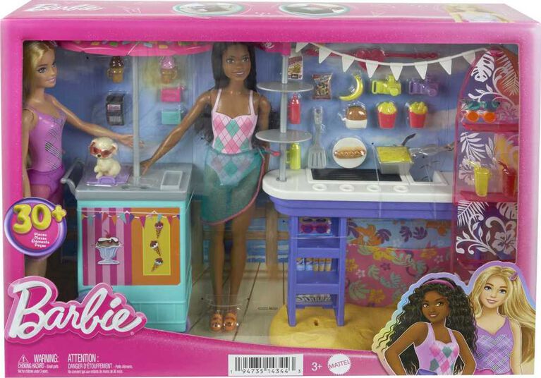 Barbie Beach Boardwalk Playset with Barbie "Brooklyn" and "Malibu" Dolls, 2 Stands and 30+ Accessories