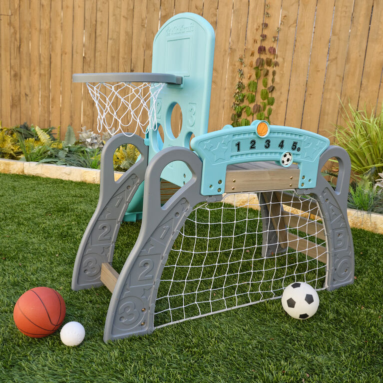 KidKraft Structure à grimper sportive 5 en 1 pour tout-petits comprenant un filet de soccer, un panier de basketball, un coussin de baseball, une balle et deux ballons