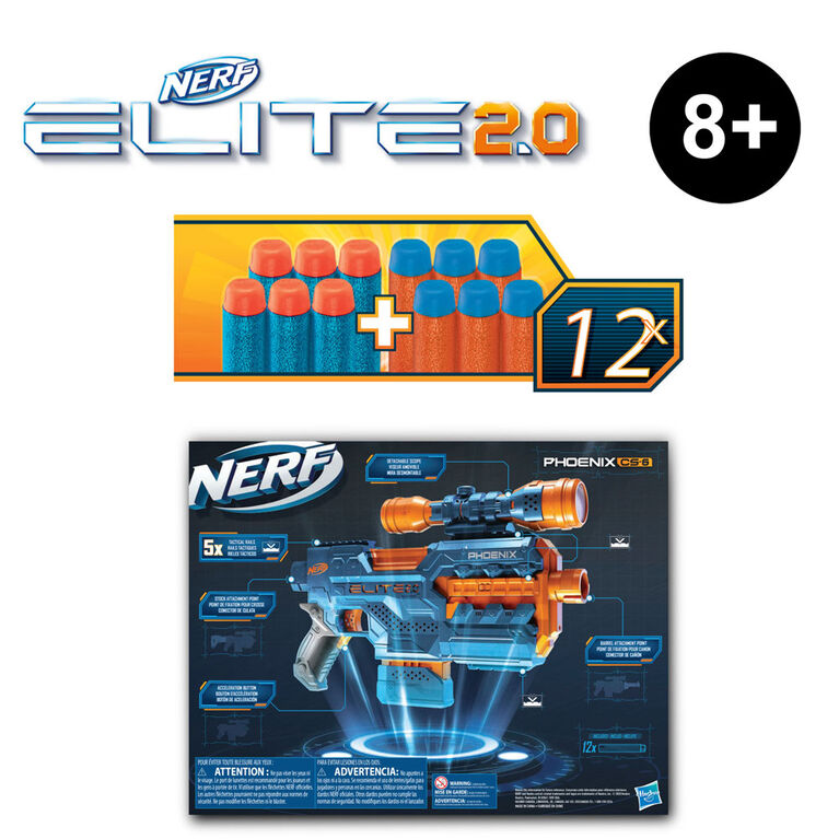 Nerf Elite 2.0, blaster motorisé Phoenix CS-6, 12 fléchettes Nerf, chargeur 6 fléchettes, viseur, rails tactiques, points de fixation