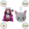 Na Na Na Surprise 2-in-1 Soft Fashion Doll and Metallic Purse Glam Series - Chrissy Diamond, Purple Hair Doll in Black and Silver Outfit with Silver Holographic Iridescent Cat Purse