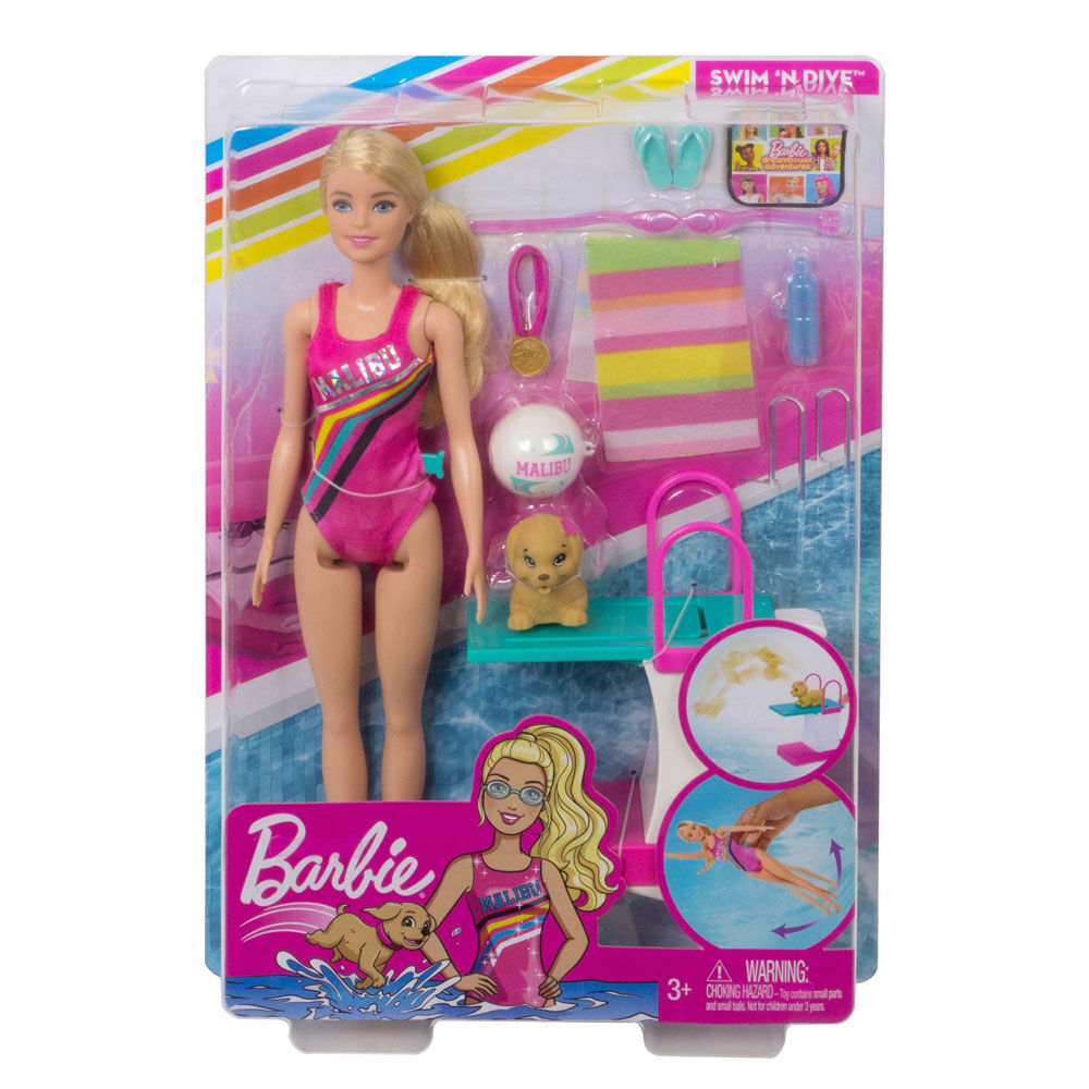 Barbie Dreamhouse Adventures Swim n Dive Doll 11.5 inch in Swimwear with Diving Board and Puppy