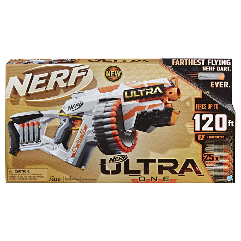 Nerf Ultra One Blaster motorisé -- Conception d'avant-garde, barillet haute capacité, 25 fléchettes Nerf Ultra officielles -- la fléchette qui vole encore plus loin