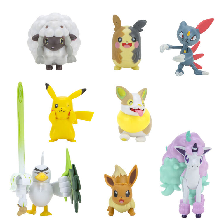Pok&eacute;mon - Multipaquet de figurines de combat - Pikachu, &Eacute;voli (Eevee), Moumouton (Wooloo), Farfuret (Sneasel), Voltoutou (Yamper), Plaritcho (Sirfetch'd), Ponyta de Galar (Galarian Ponyta) et Morpeko (mode ventre gonfl&eacute;)