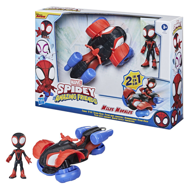 Marvel Spidey and His Amazing Friends, figurine Miles Morales avec véhicule Techno-quad convertible