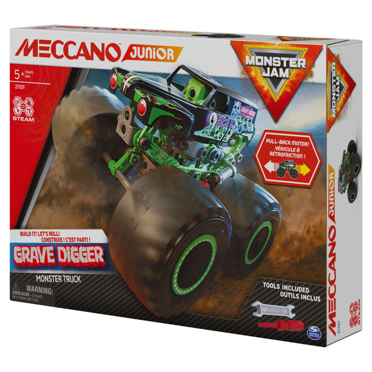 Meccano Junior, Official Monster Jam Grave Digger Monster Truck STEM Model Building Kit with Pull-back Motor