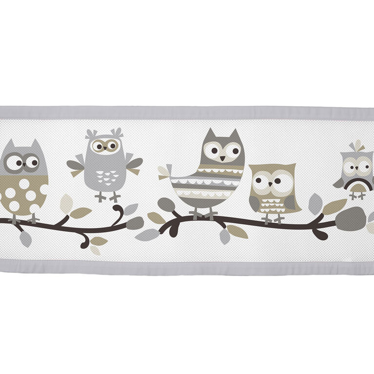 BreathableBaby Breathable Mesh Crib Liner - Classic Collection - Owl Fun Gray - Fits Full-Size Four-Sided Slatted and Solid Back Cribs - Anti-Bumper