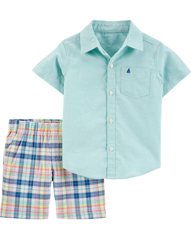 Ensemble 2 pièces chemise oxford boutonnée et short à motif écossais Carter's - menthe, 9 mois