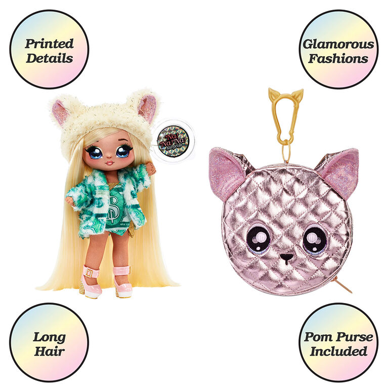 Na Na Na Surprise 2-in-1 Fashion Doll and Metallic Purse Glam Series - Victoria Grand, Blonde Doll in Green Dress and Dog Ear Hat with Chihuahua Purse