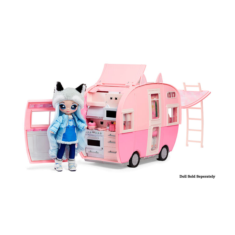 Caravane Na Na Na Surprise Kitty-Cat, caravane rose avec oreilles et queue de chat, 7 zones de jeu incluant une cuisine complète, un hamac et des accessoires