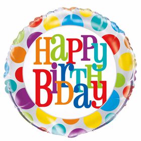 Ballon aluminium rond, 18 " - Rainbow Polka Dot Birthday - Édition anglaise