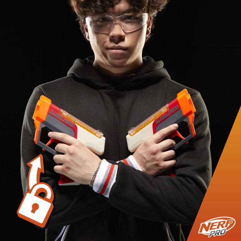 Nerf Pro Gelfire Dual Wield Pack, 2 blasters, tir sans amorçage, 5 000 billes Gelfire, 2 chargeurs-trémie 100 billes intégrés, 2 lunettes