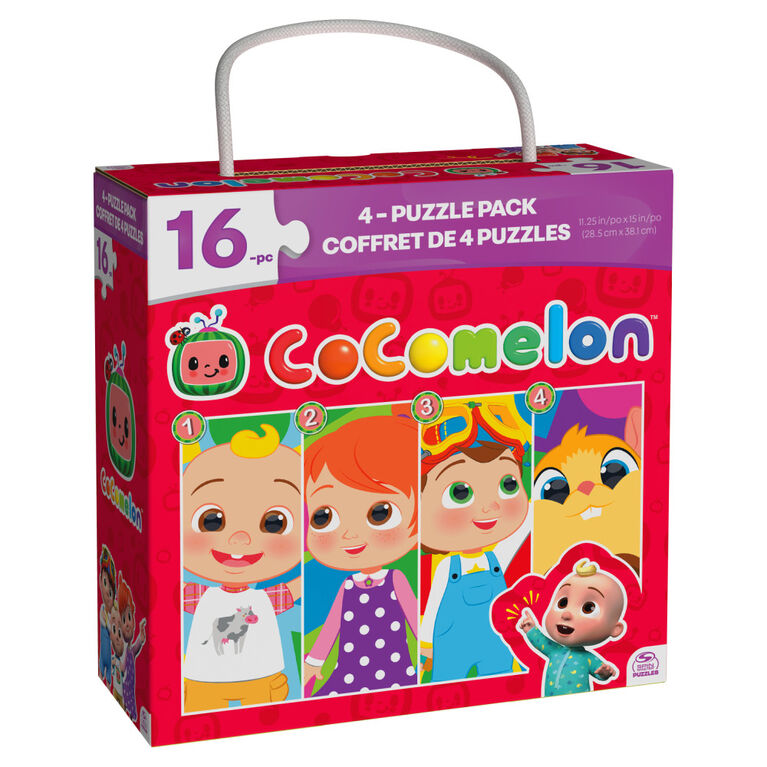 CoComelon, Coffret de 4 puzzles de 16 pièces faciles à assembler, JJ et ses amis, Série YouTube et Netflix, avec boîte cadeau portable à poignée en corde