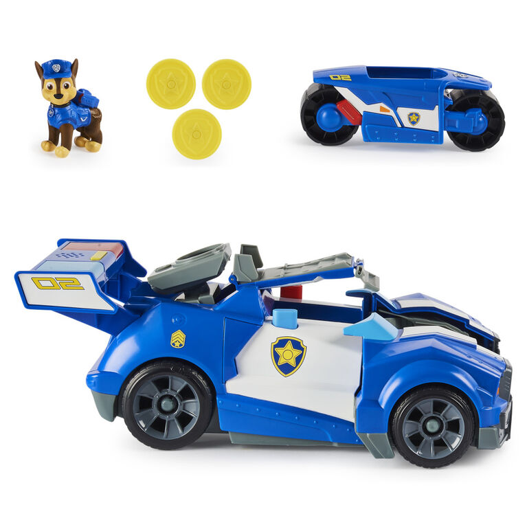 PAW Patrol, Transforming City Cruiser transformable 2-en-1 tiré du film, avec moto, effets sonores et lumineux et figurine Chase articulée à collectionner