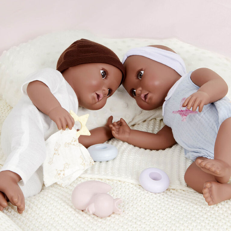 Babi Twin Dolls - Brown Eyes, Hat and White Headband 14-inch Baby Boy and Girl Doll Twins
