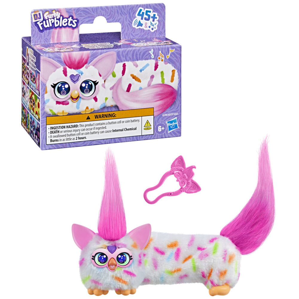 Furby DJ Furblets Berry-Cup-Cake Mini Electronic Plush Toy with Funny Stretchable Sound Effects & Music, Speaks Furbish, White & Pink