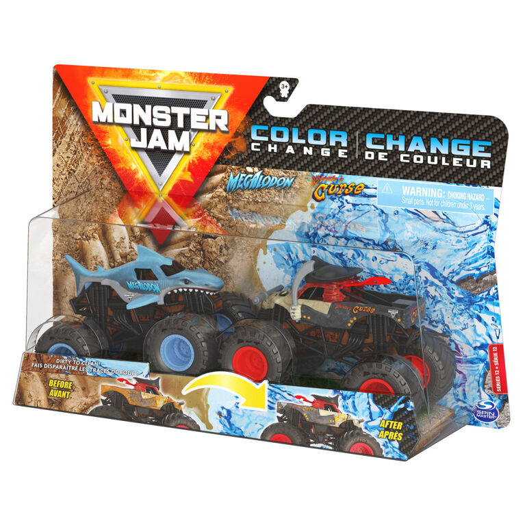 Monster Jam, Official Megalodon vs. Pirate's Curse Color-Changing Die-Cast Monster Trucks, 1:64 Scale
