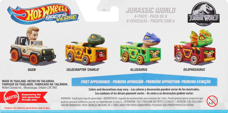 Hot Wheels RacerVerse, Set of 4 Die-Cast Hot Wheels Cars with Jurassic World Characters as Drivers