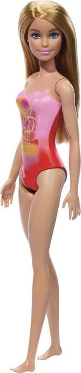 Barbie - Poupée Plage - Cheveux blonds, maillot rose à imprimé palmiers