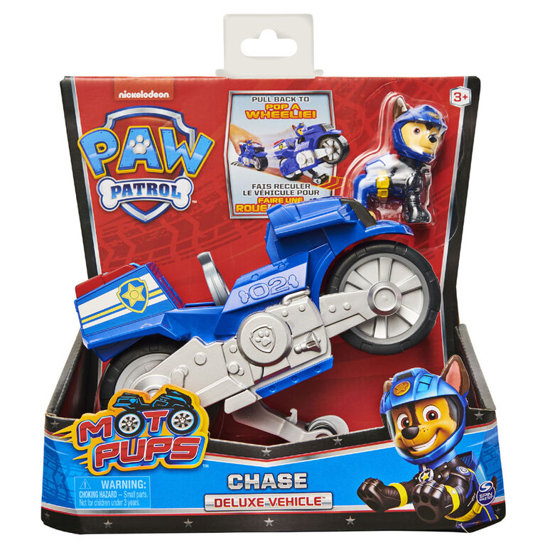 PAW Patrol, Moto Pups Chase's Deluxe Pull Back Motorcycle Vehicle with Wheelie Feature and Figure