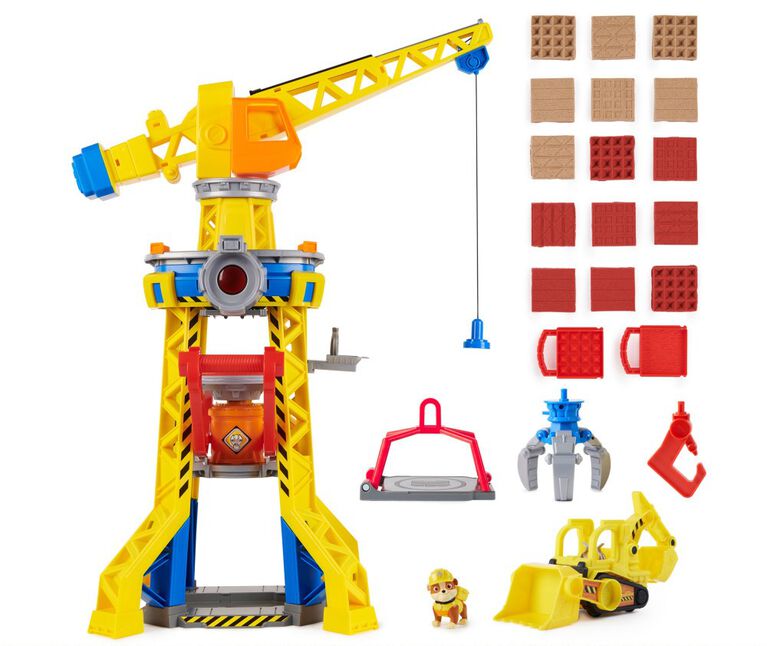 Rubble and Crew, coffret Bark Yard Crane Tower avec figurine articulée Ruben, bulldozer et sable Kinetic Build-It Play Sand