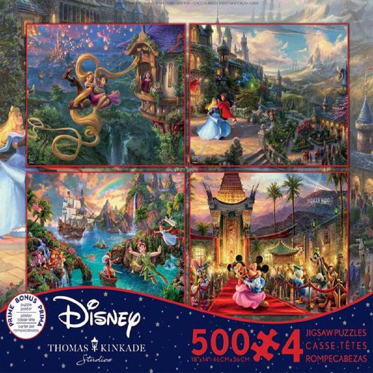 Ceaco Thomas Kinkade Disney 4-in-1 Jigsaw Puzzles - Tangled, Sleeping Beauty, Peter Pan, Mickey Minnie