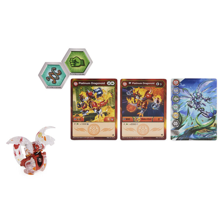 Bakugan Evolutions, Dragonoid (Diamond Elemental Rare), Bakugan True Metal Platinum Series, 2 BakuCores et carte Personnage
