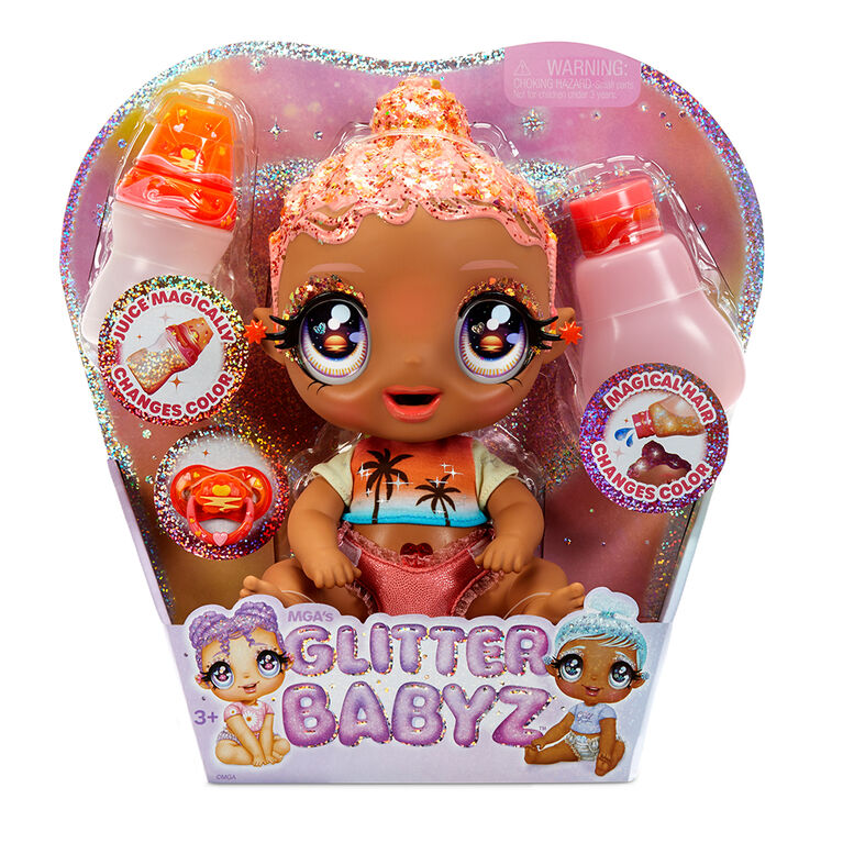 GLITTER BABYZ Solana Sunburst Baby Doll with 3 magical color changes/ coral pink hair doll with tropical sunset on the outfit and reusable diaper, bottle and pacifier