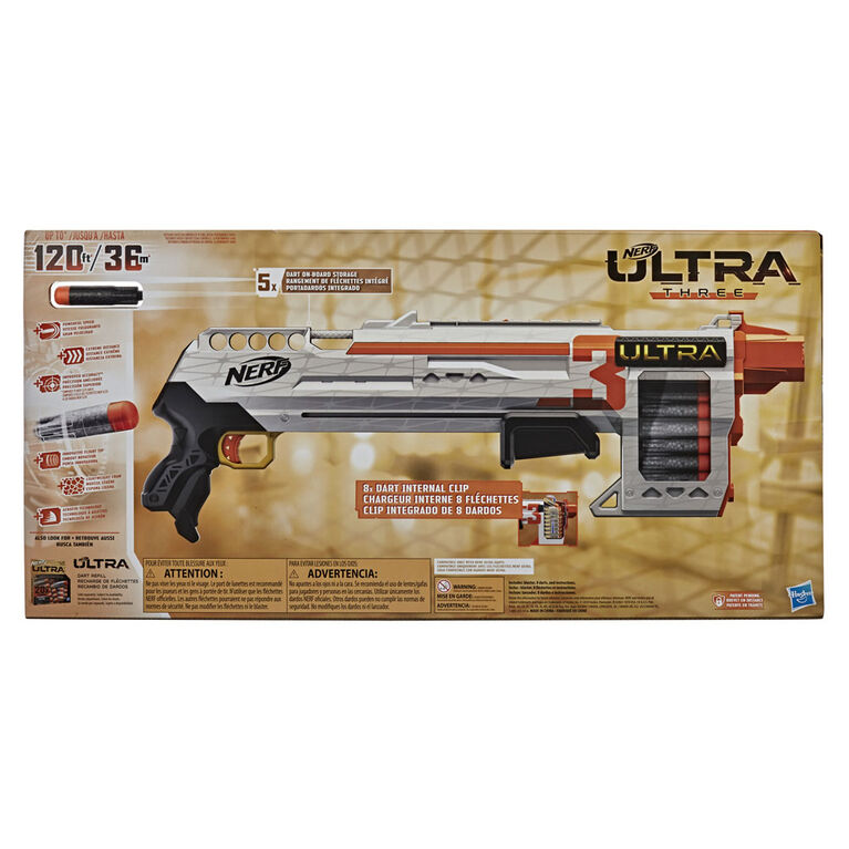 Nerf Ultra - Blaster Three, à pompe, chargeur intégré 8 fléchettes, 8 fléchettes Nerf Ultra, compatible uniquement avec fléchettes Nerf Ultra