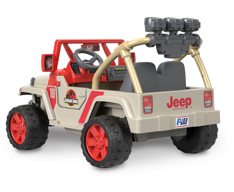  Power Wheels Jurassic Park Jeep Wrangler Coche correpasillos con sonidos de dinosaurio y barra de luces, asiento