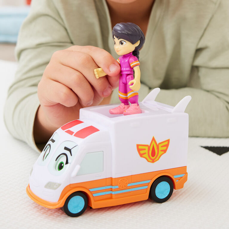 Disney Junior Firebuds, Violette et Axelle, figurine articulée et ambulance avec mouvement des yeux interactif