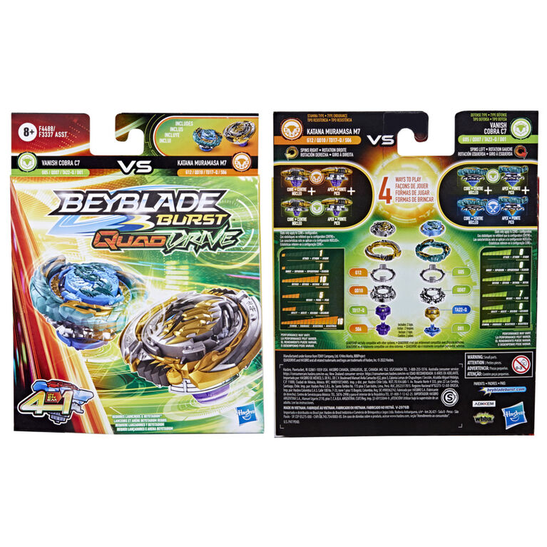 Beyblade Burst QuadDrive Katana Muramasa M7 and Vanish Cobra C7 Spinning Top Dual Pack