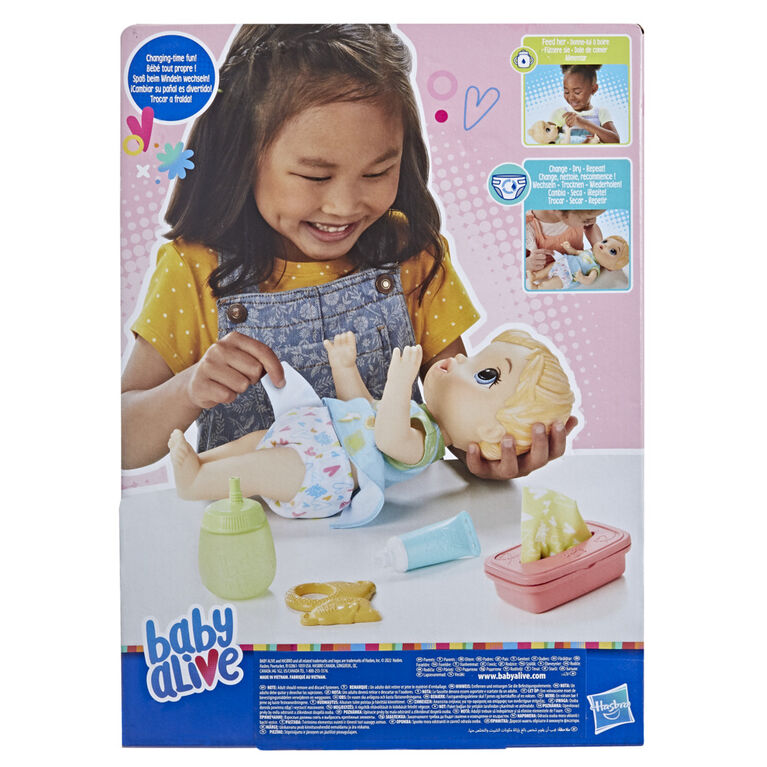 Baby Alive Bébé et sa couche, boit et mouille sa couche, couche réutilisable en tissu, poupée - Notre exclusivité