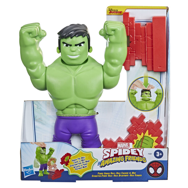 Marvel Spidey and His Amazing Friends Power Smash Hulk, Face-Changing 10-inch Hulk Figure with Brick Wall Accessory