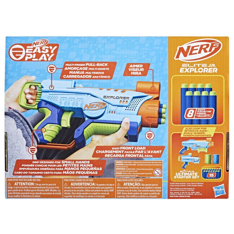 Nerf Elite Jr Explorer Easy-Play Blaster, Easy to Hold and Load and Blast,  8 Nerf Elite Darts, Toy Foam Blasters