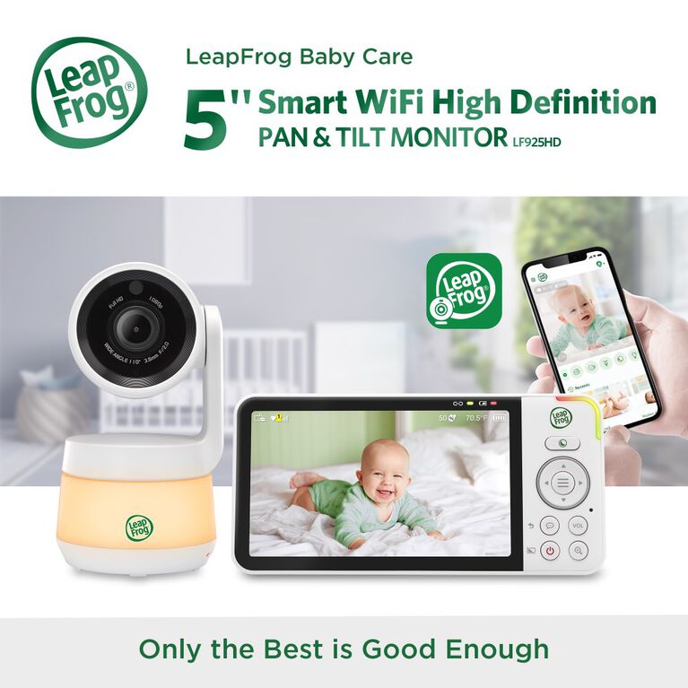 LeapFrog Moniteur de bébé Wi-Fi 1080p panoramique à 360 degrés et inclinaison à 2 camér affichage haute définition 720p de 5 po, veilleuse, vision nocturne couleur, LF925-2HD (blanc)