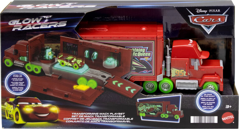 Disney and Pixar Cars Glow Racers Transforming Mack Playset, 2-in-1 Glow-in-the-Dark Toy Truck and Tune-Up Station