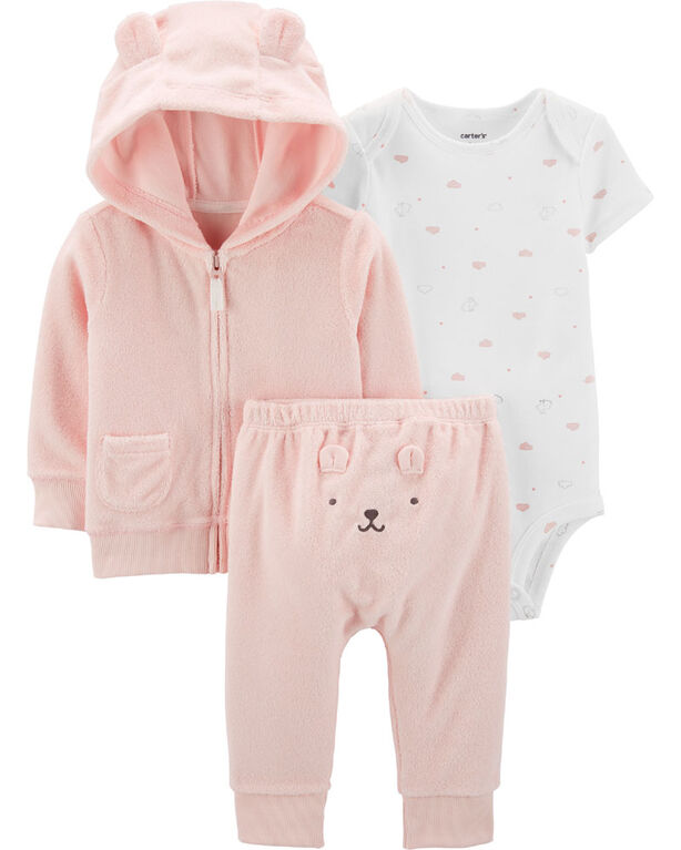 Ensemble 3 pièces petit cardigan en tissu-éponge Carter's - rose, 6 mois