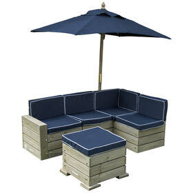 KidKraft - Ensemble modulaire extérieur en bois avec pouf, parasol et coussins, mobilier de patio pour enfants, gris bois de grange et marine