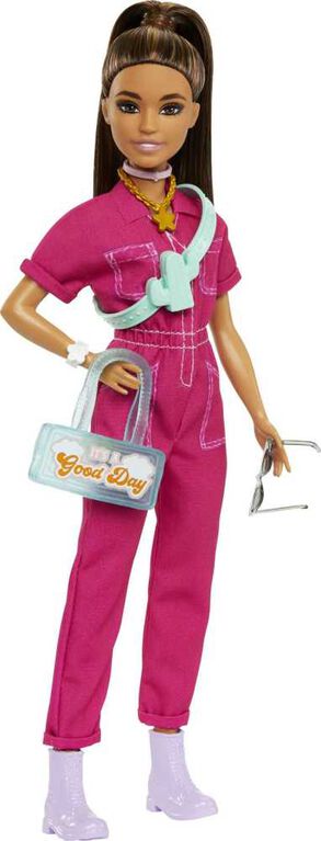 Barbie Doll in Trendy Pink Jumpsuit with Accessories and Pet Puppy