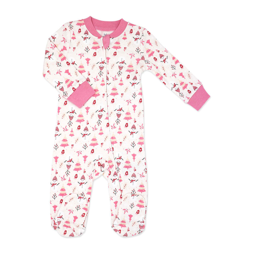 Baby Mode Zipped Cotton Christmas Sleeper: Pink Snowman 0-3M