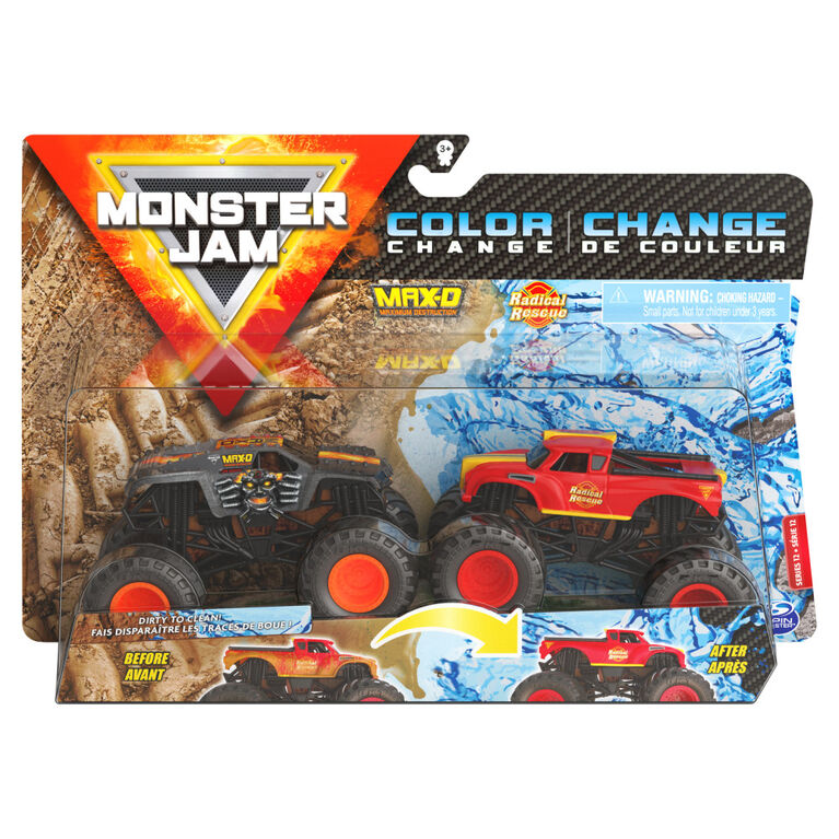 Monster Jam, Official Max-D vs. Radical Rescue Color-Changing Die-Cast Monster Trucks, 1:64 Scale