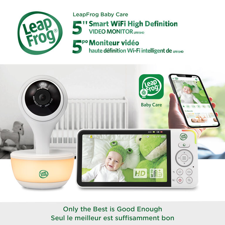 LeapFrog Moniteur de bébé Wi-Fi 1080p avec accès à distance, affichage 720p haute définition de 5 po, veilleuse, vision nocturne couleur, LF815HD (blanc) de LeapFrog