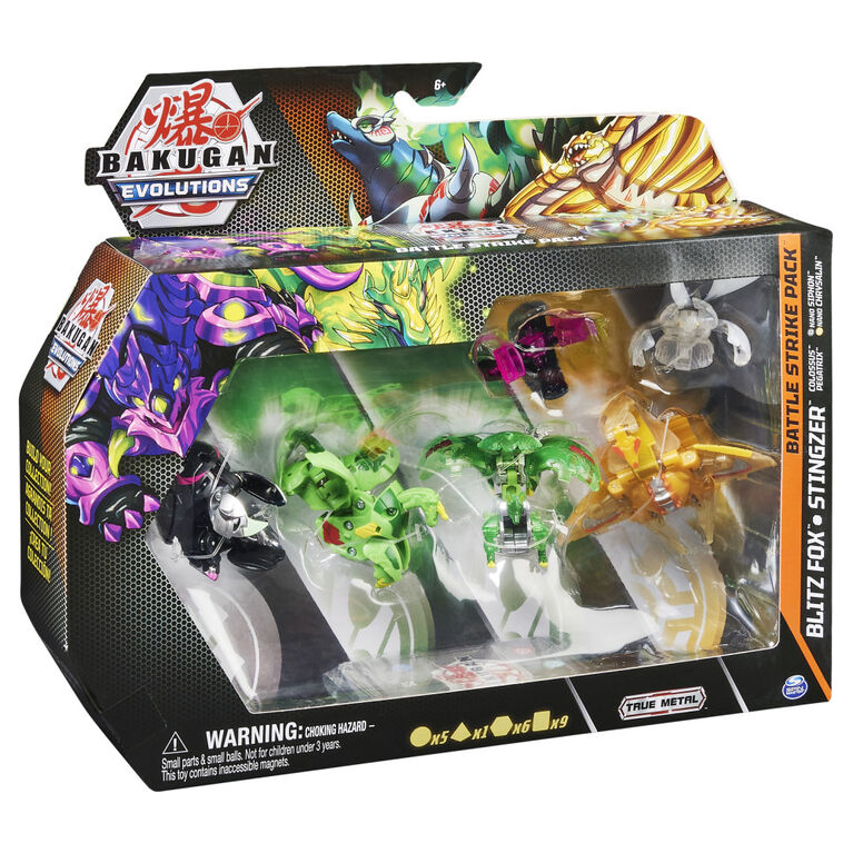 Bakugan Evolutions, Blitz Fox and Stingzer Battle Strike Pack, Includes 6 Bakugan Action Figures, 9 Trading Cards and 8 BakuCores