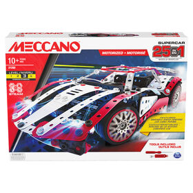 Meccano, Kit de construction STEM, Supercar motorisée 25 en 1 avec 347 pièces, vrais outils et feux avant fonctionnels