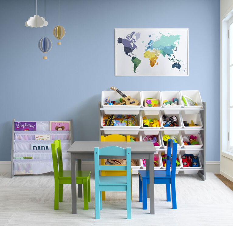 Kids Wood Table & 4 Chairs, Grey/Multi